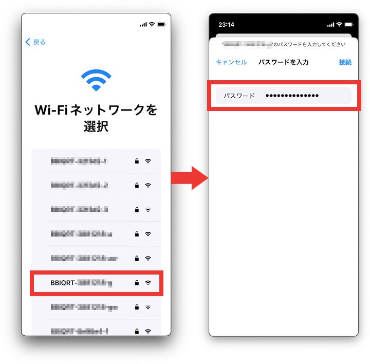 説明図：Wi-Fiネットワークの選択画面とパスワード入力画面