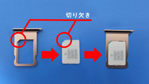 説明図：iPhone X 以前の iPhone は、SIMカードの金属面を下向きにトレイにセットします。