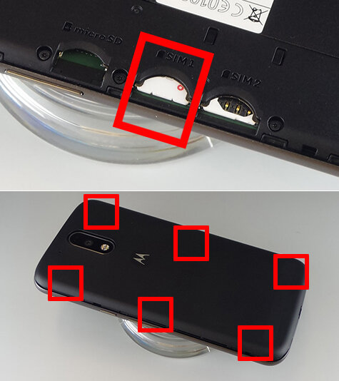 説明図：SIMカードを挿入し、背面カバーを取り付ける際に押し込む個所を示した図