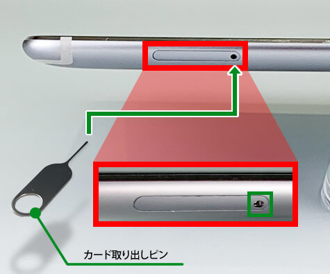 説明図：カード取出しツールを差し込む個所を示した図