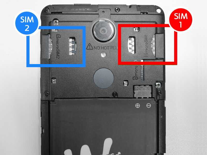 説明図：SIMカードの挿入場所を示した図。