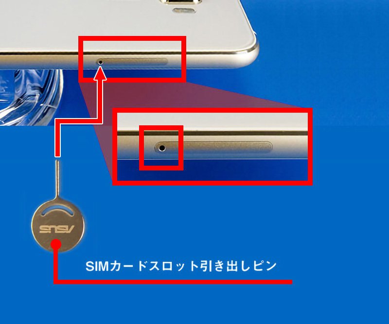 説明図：SIM取り出しツールの先端を、SIMトレイが出てくるまで、穴に差し込んでください。