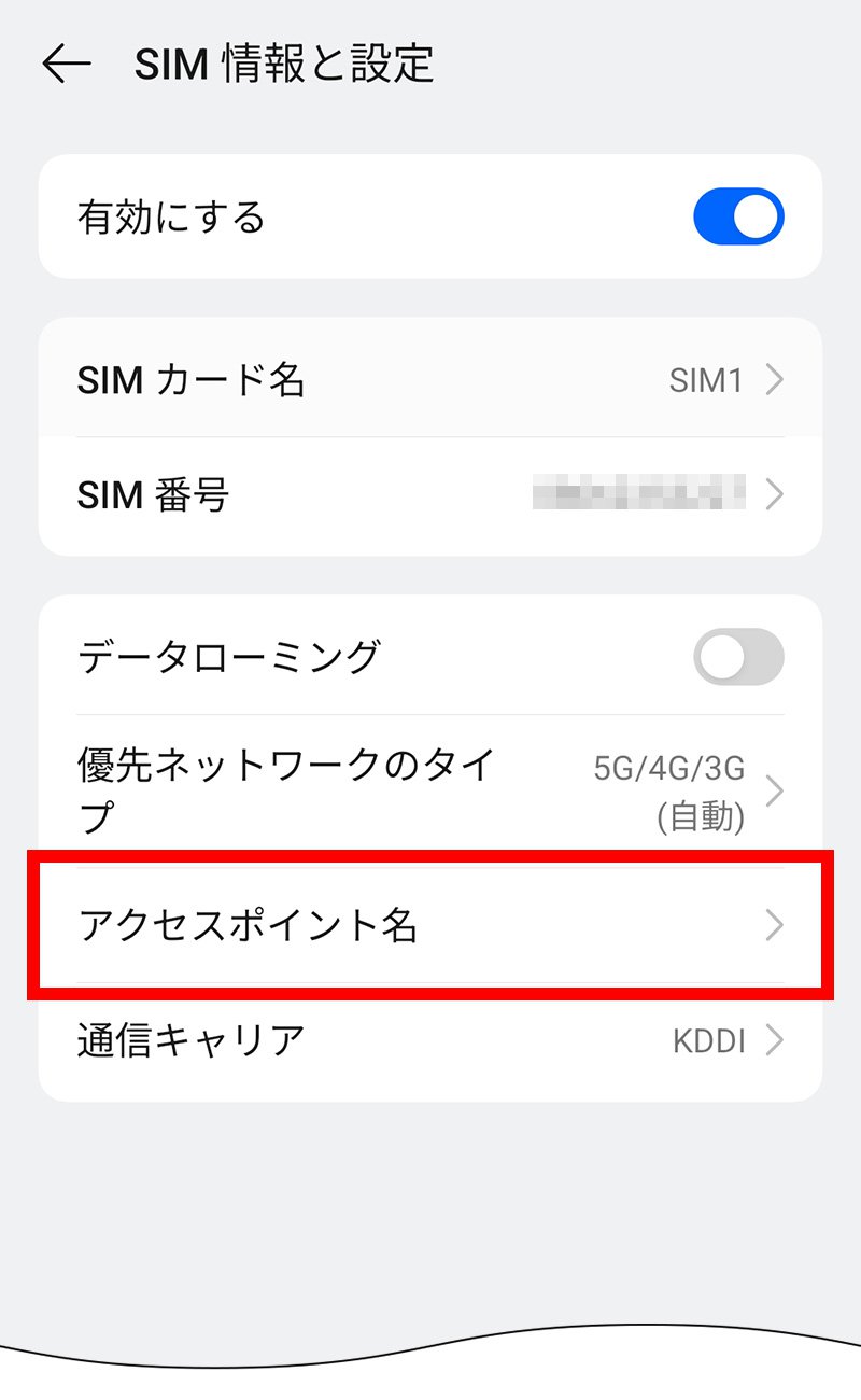 説明図：SIM情報と設定画面の「アクセスポイント名」選択位置