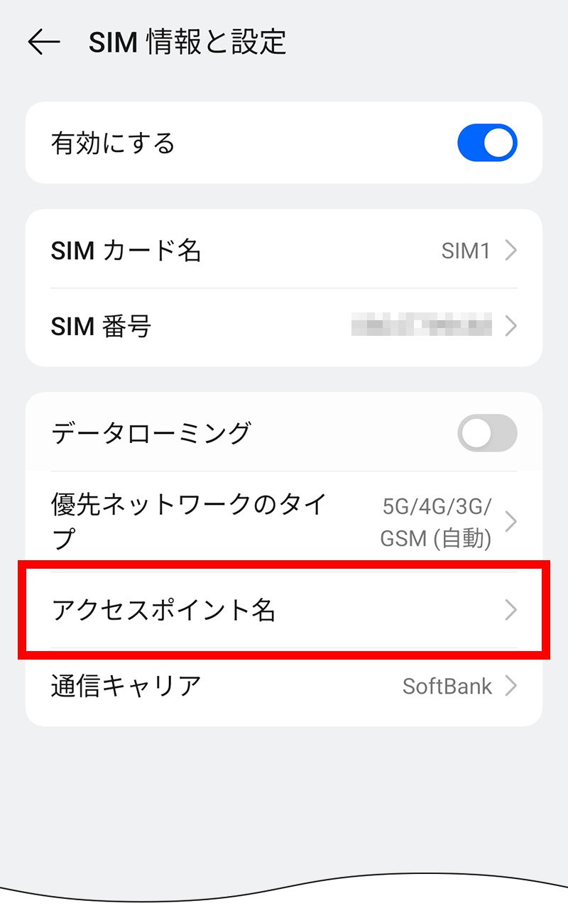 説明図：SIM情報と設定画面の「アクセスポイント名」選択位置