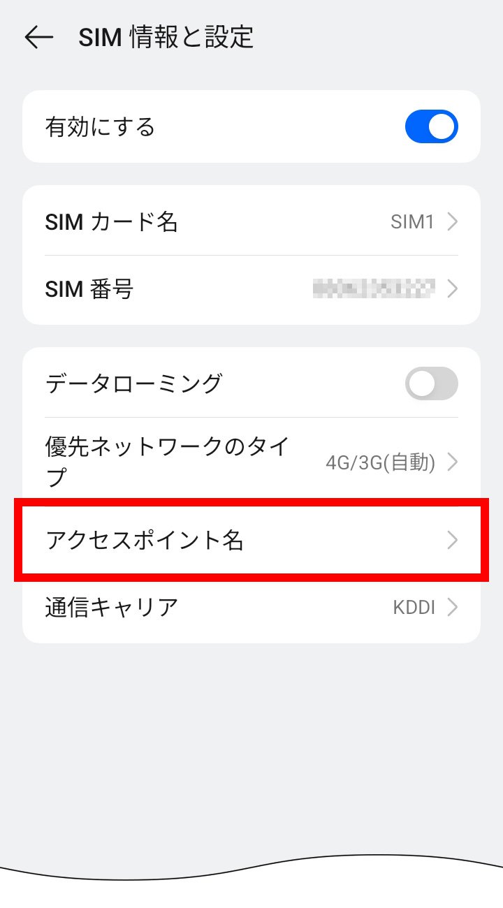 説明図：SIM情報と設定画面の「アクセスポイント名」選択位置
