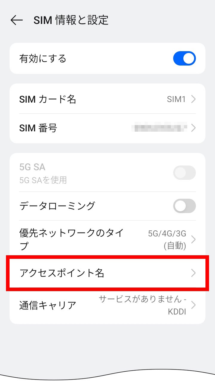 説明図：SIM情報と設定画面の「アクセスポイント名」選択位置