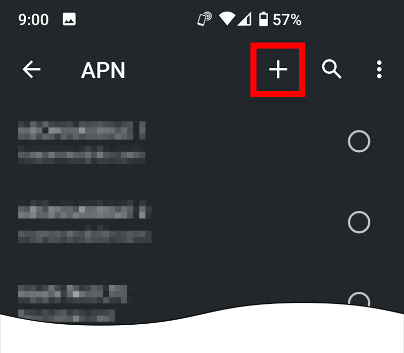 説明図：APN画面上部のプラスボタン選択位置