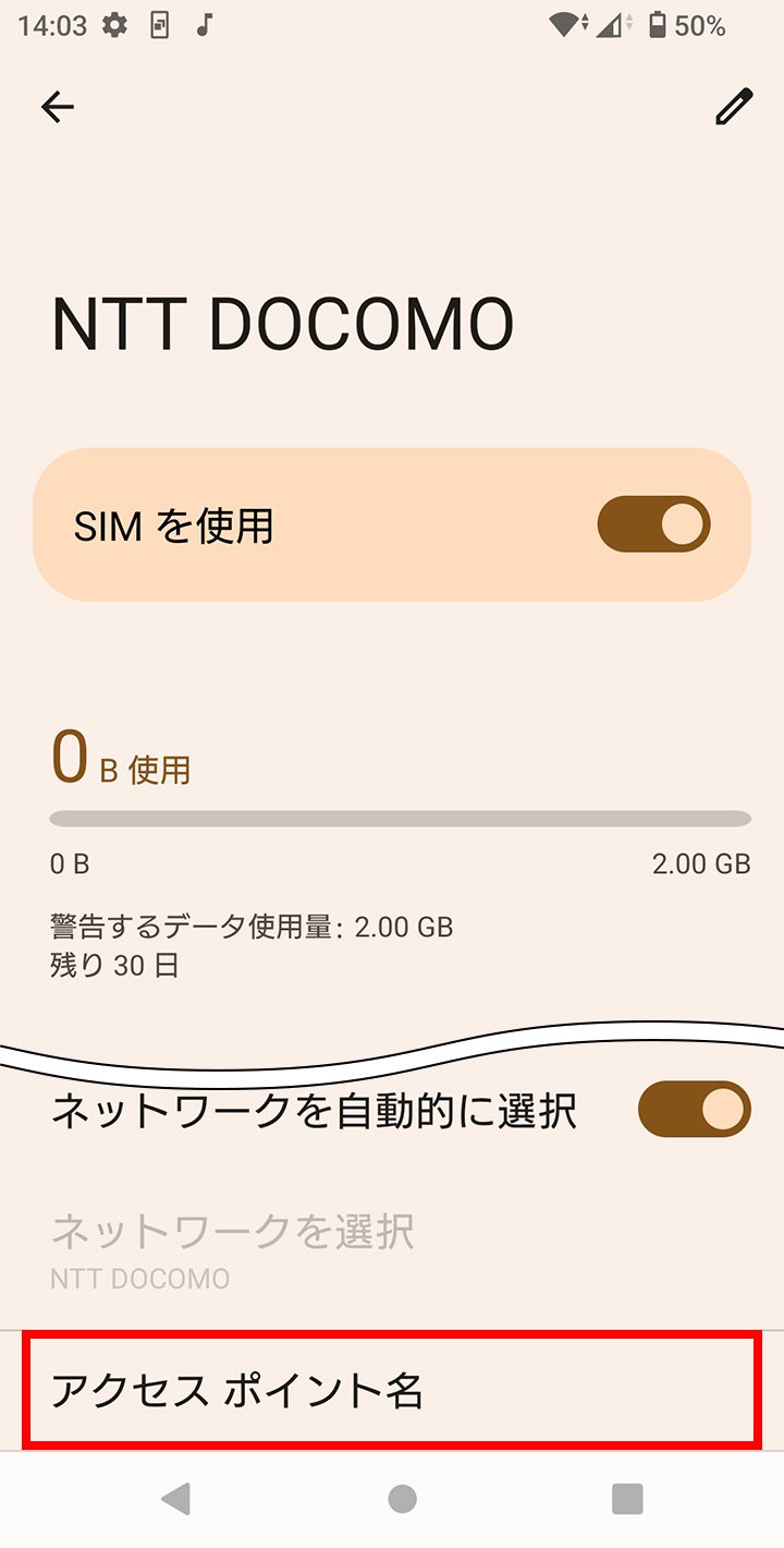 説明図：SIM画面の「アクセス ポイント名」選択位置